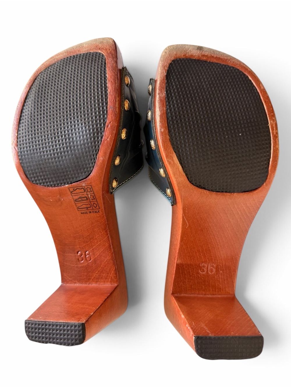 Louis Vuitton Vintage 1999 Studded Wooden Mules Clogs Teal Aqua 36 Y2K - Picture 3 of 9